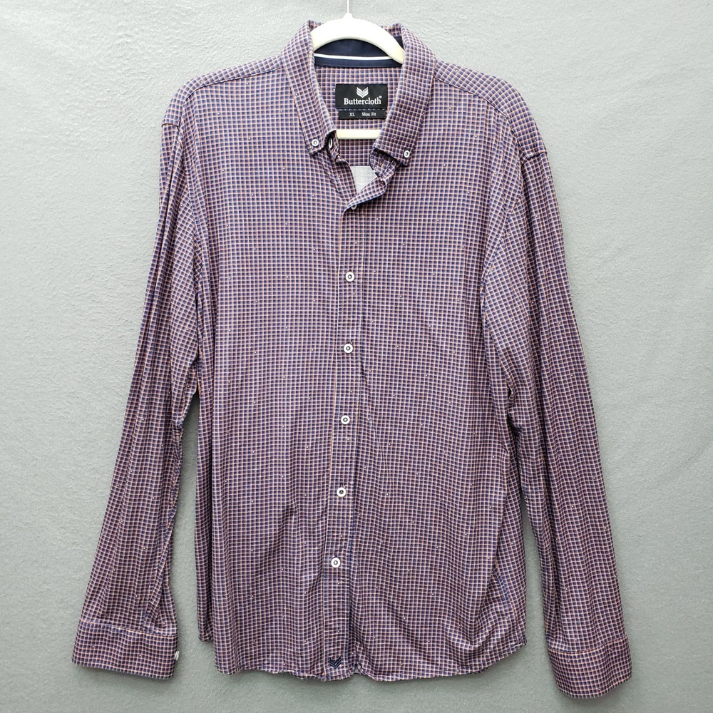 Buttercloth Long Sleeve Button Up Shirt Purple Micro Check Plaid Slim Fit XL